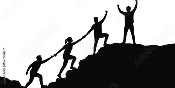 Fototapeta Silhouette of people supporting each other while climbing a steep hill, symbolizing success and unity