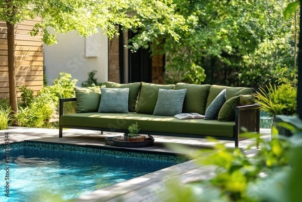 Fototapeta Green garden sofa by pool. Backyard pool. Sofa and table