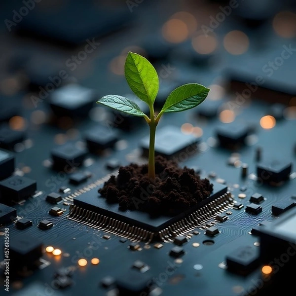 Fototapeta Green technology seed sprouting from processor high resolution photo