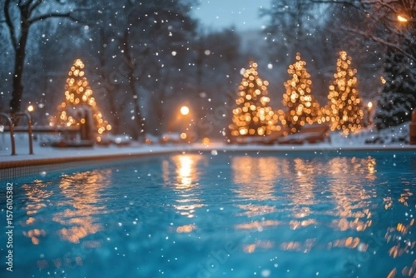 Fototapeta Warm pool in winter. Pool against backdrop of tall trees with snow. Christmas trees with garlands