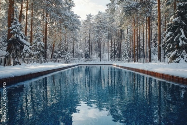 Fototapeta Warm swimming pool in winter. Swimming pool against backdrop of tall trees with snow.