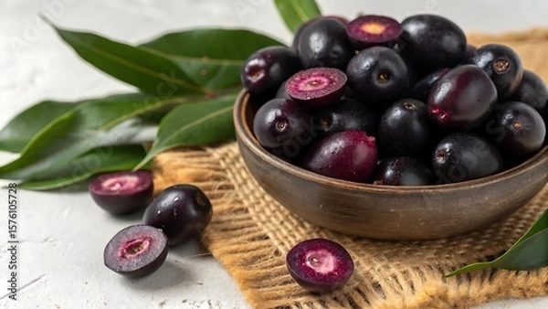 Obraz Heap of fresh Jamun berries and halved ones,food, olive, black, fruit, healthy, olives, oil, bowl, green, white, berry, ripe, sweet, fresh, isolated, diet, vegetarian, red