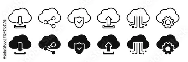 Fototapeta Set of vector line and solid icons related to cloud computing technology. Symbols for website or app UI, logo design, illustration