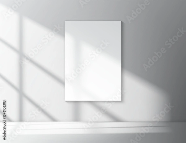 Fototapeta Realistic vector mockup of white vertical A4 poster with soft shadows of window inside empty minimalistic interior. Print or product presentation template
