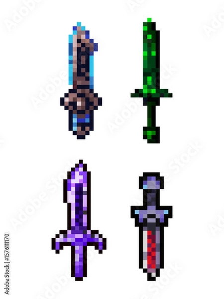 Fototapeta Pixel Art Fantasy Swords Collection, RPG Game Weapons. collection of four distinct pixel art fantasy swords, meticulously with unique elemental and magical properties in a pixel art style.