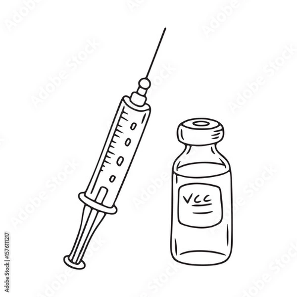 Fototapeta A single vaccine vial beside a syringe on the table