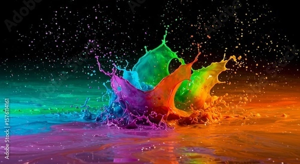 Fototapeta Vibrant splash of rainbow paint on the ground with colorful liquid explosion effect, dynamic abstract design element for creative backgrounds, artistic textures, and modern visual concepts