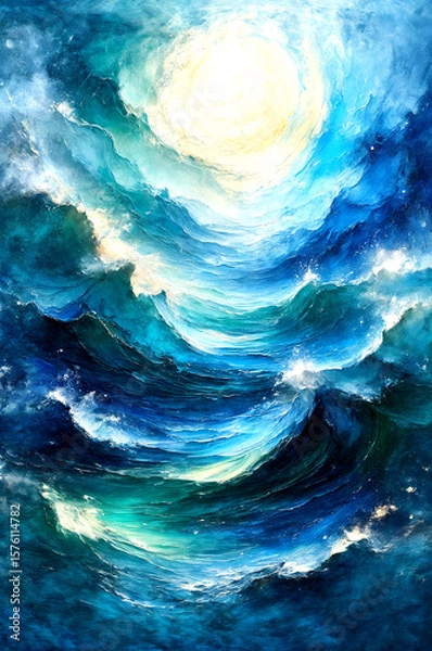 Fototapeta Sunlit Celestial Ocean Waves in Abstract Light, Dreamlike Flow of a Cosmic Sea -Generative AI
