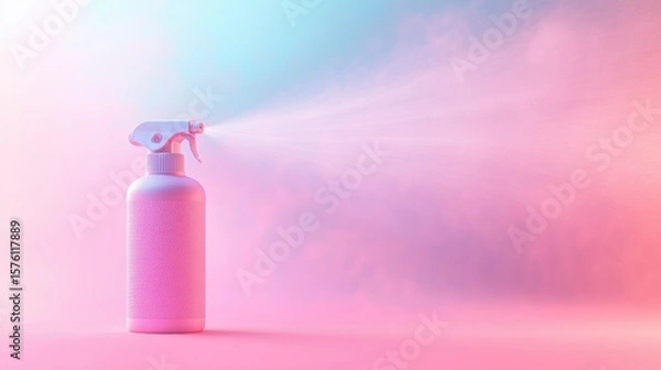 Obraz Canister spray substance A stylish spray bottle creates mist in a vibrant pink and blue atmosphere for a refreshing touch.