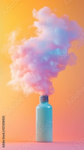 Fototapeta Canister spray substance A vibrant bottle emitting colorful clouds, creating a whimsical and artistic atmosphere for creative projects.