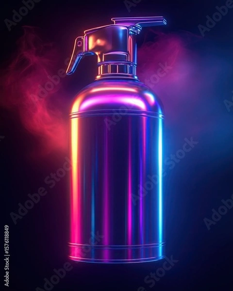 Obraz Canister spray substance A vibrant fire extinguisher with neon colors against a smoky background, symbolizing safety and innovation.