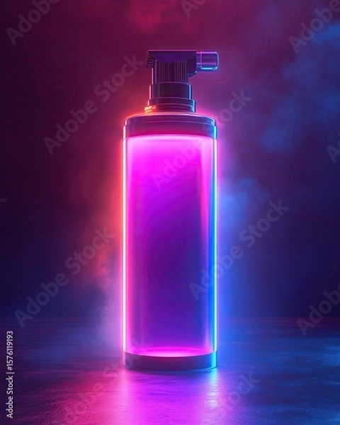 Fototapeta Canister spray substance A vibrant neon bottle spray illuminated by colorful lights against a moody backdrop, perfect for modern designs.