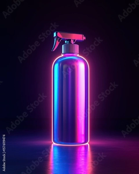 Obraz Canister spray substance A vibrant spray bottle with neon lighting, showcasing modern design aesthetics and colorful reflections.