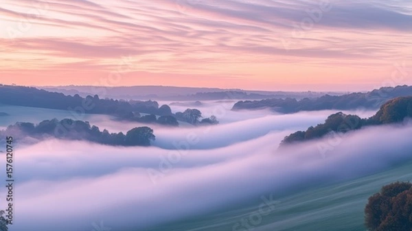 Fototapeta Canister spray substance Breathtaking misty valley at dawn, enveloped in swirling fog under a pastel sky, perfect for serene nature scenes.