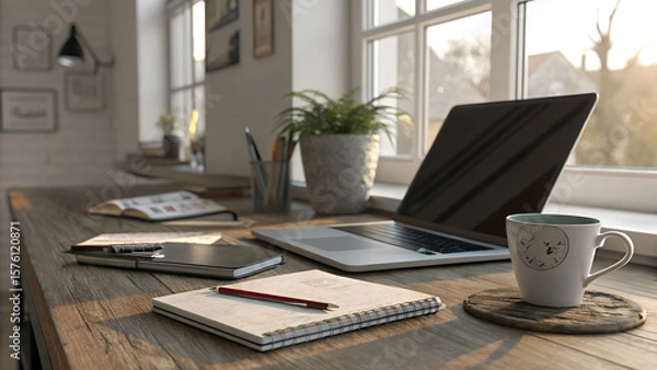 Fototapeta A cozy home office desk bathed in warm morning sunlight, featuring a laptop, notebook, pens, and a coffee mug, creating an inviting and productive workspace