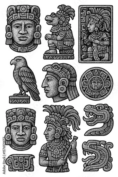 Fototapeta Ancient Mayan Culture Objects Transparent PNG, Tribal Masks, Glyphs, Temples, Calendars, Antique Mesoamerican Artifacts, Vintage Illustration, Retro Engraving Style, Isolated Clipart Collection