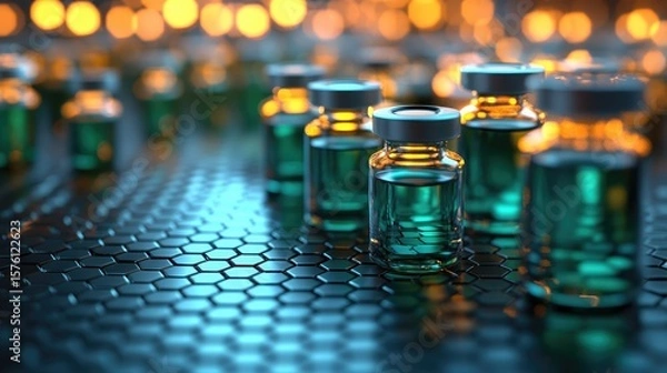 Fototapeta Medical vials lined up on a futuristic honeycomb surface.