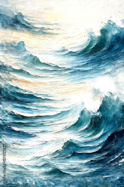Fototapeta Sunlit Celestial Ocean Waves in Abstract Light, Dreamlike Flow of a Cosmic Sea -Generative AI
