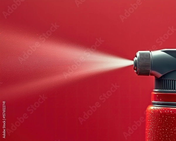Fototapeta Canister spray substance Close-up of a spray nozzle releasing a fine mist against a vibrant red background.