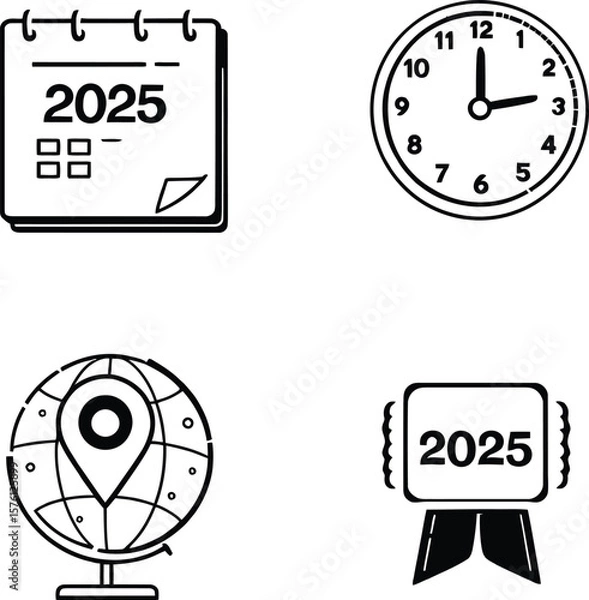 Fototapeta Annual Essentials  Monochrome Grid Featuring a Calendar Marked “2025,” Clock at 1, Globe with Pin, and Year Badge Ribbon Icon