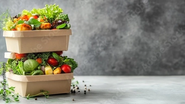 Fototapeta Stacked Healthy Meal Boxes on Plain Background
