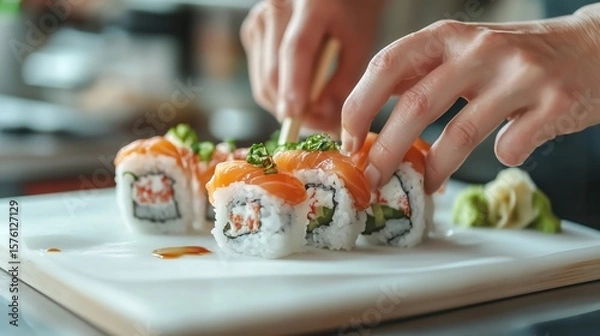 Fototapeta Chef Preparing Fresh Sushi Rolls with Vegetables
