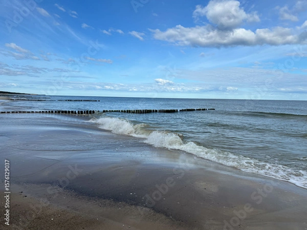 Fototapeta Empty Baltic beach in the Mrzezyno area in Poland with characteristic breakwaters made of pegs