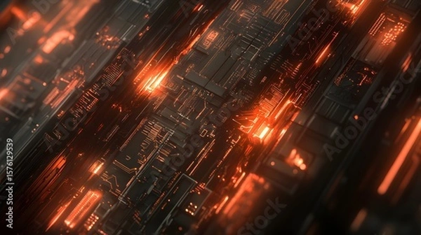 Fototapeta Intricate circuit network design with glowing orange lines.