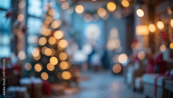 Fototapeta Closeup blur Christmas banner interior bokeh light background for your photo montage or product display