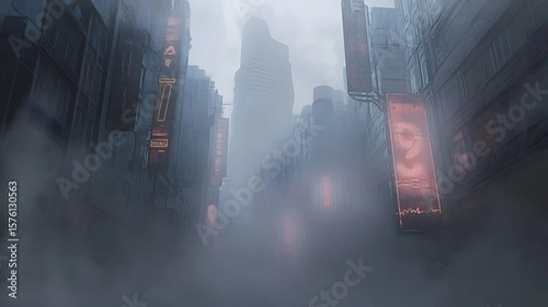 Fototapeta Foggy cityscape alleyway with futuristic architecture.