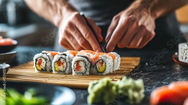Fototapeta Close-Up of Hands Holding Fresh Sushi Rolls with Chopsticks
