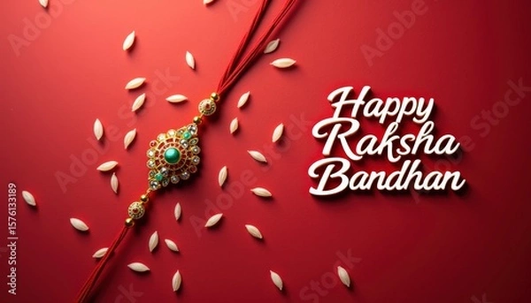 Fototapeta Elegant Rakhi with Festive Greeting on Red Background for Raksha Bandhan Celebration