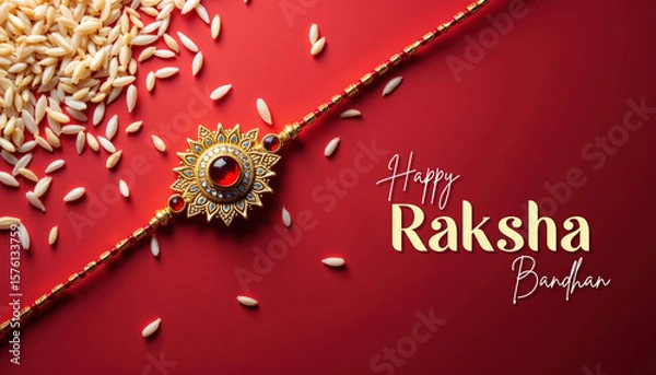 Fototapeta Elegant Rakhi with Festive Greeting on Red Background for Raksha Bandhan Celebration