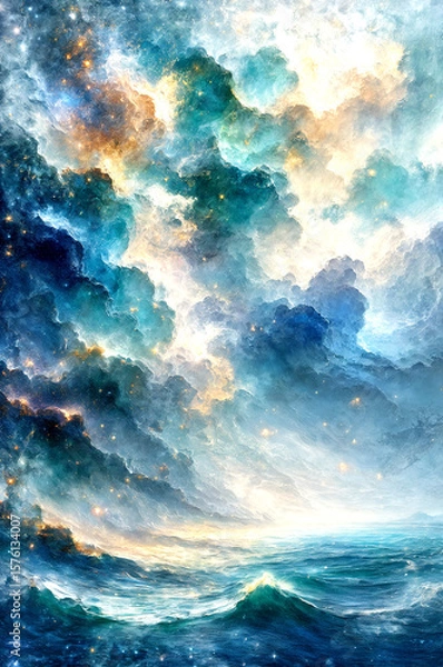 Fototapeta Golden Horizon, The Last Light Over the Deep -Generative AI
