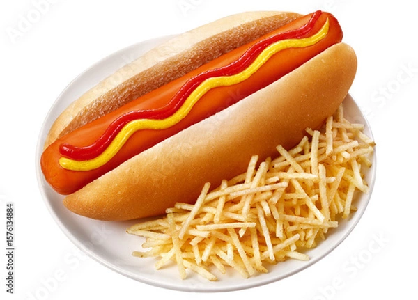 Fototapeta prato com cachorro quente com ketchup, mostarda e batata palha isolado em fundo transparente - hot dog tradicional