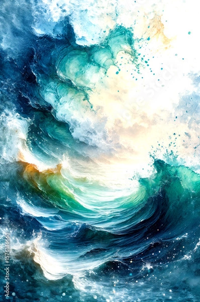 Fototapeta Sunlit Celestial Ocean Waves in Abstract Light, Dreamlike Flow of a Cosmic Sea -Generative AI
