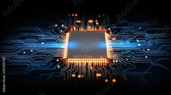 Fototapeta Shiny digital chip lights up a circuit board in abstract style, showing smart tech movement through Tech Network, AI Circuitry, and Energy Flow process