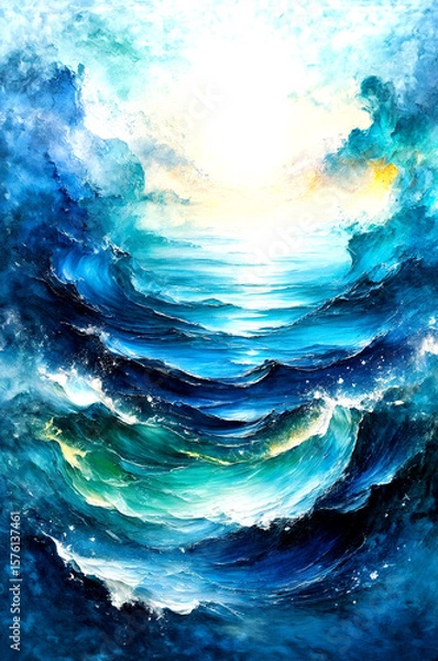 Fototapeta Sunlit Celestial Ocean Waves in Abstract Light, Dreamlike Flow of a Cosmic Sea -Generative AI
