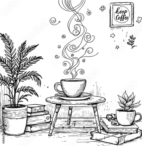 Fototapeta Cozy Coffee Nook  Monochrome Illustration of Steaming Cup, Plant, Books, and Wall Sign Creating a Calm, Artistic Café Corner Atmosphere