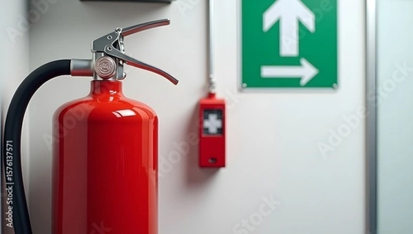 Obraz Modern Red Fire Extinguisher with Safety Signage and First Aid Kit in Office Setting
