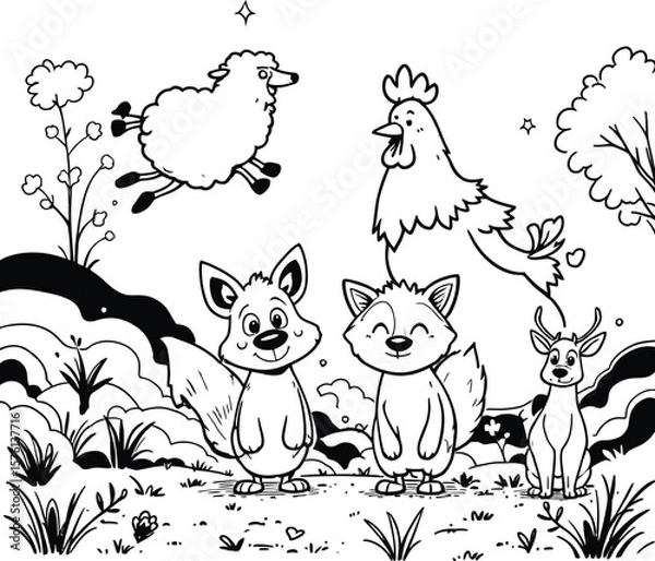 Fototapeta Woodland Playtime Parade Cartoon Foxes, Deer, Sheep, and Rooster in Lively Poses Amid Trees, Bushes, Hearts, and Stars in Monochrome Style