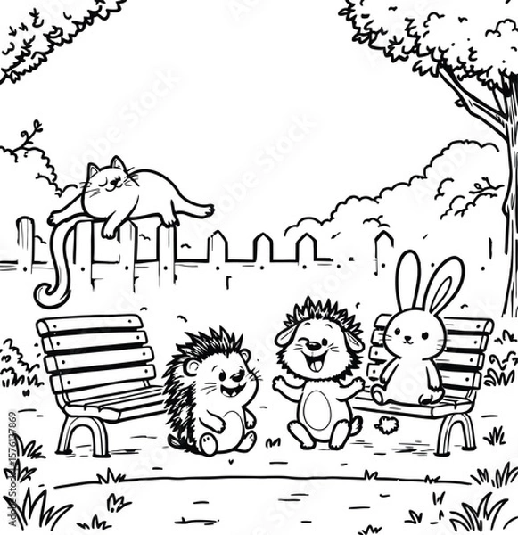 Fototapeta Furry Park Reunion  Monochrome Illustration of Hedgehogs and Rabbit Sitting on Benches with Lounging Cat, Trees, Fence, and Bushes in Cozy Scene