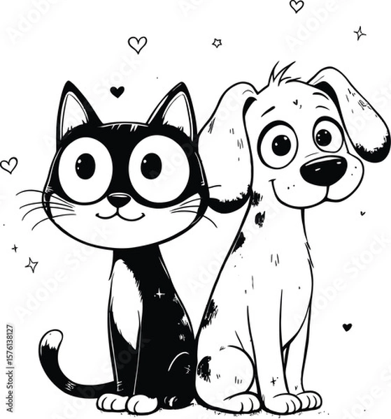Fototapeta Paws & Hearts Cartoon Cat and Dog Sitting Together with Smiling Faces, Surrounded by Floating Hearts and Stars in a Monochrome Pet Scene