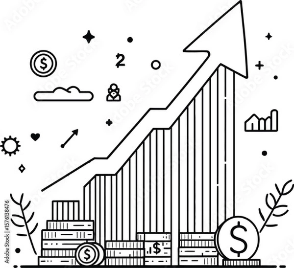 Fototapeta Wealth in Motion  Monochrome Illustration Featuring Coin Stacks, Rising Bar Graph, Dollar Icons, and Wellness Symbols for Growth Concept