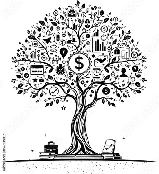 Fototapeta Money Tree of Growth  Monochrome Illustration of Finance Icons Sprouting from Tree Branches with Books, Briefcase, and Roots Symbolizing Wealth
