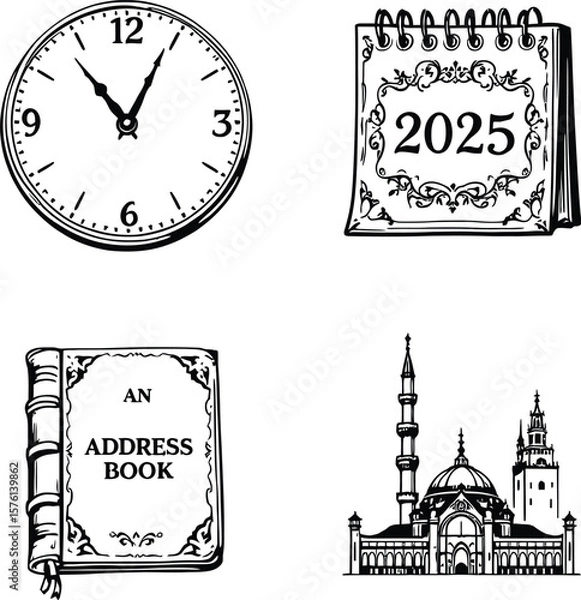 Fototapeta Timelines & Spaces — Monochrome Icon Set Featuring Clock, 2025 Calendar, Address Book, and Architectural Landmark Symbolizing Planning & Culture