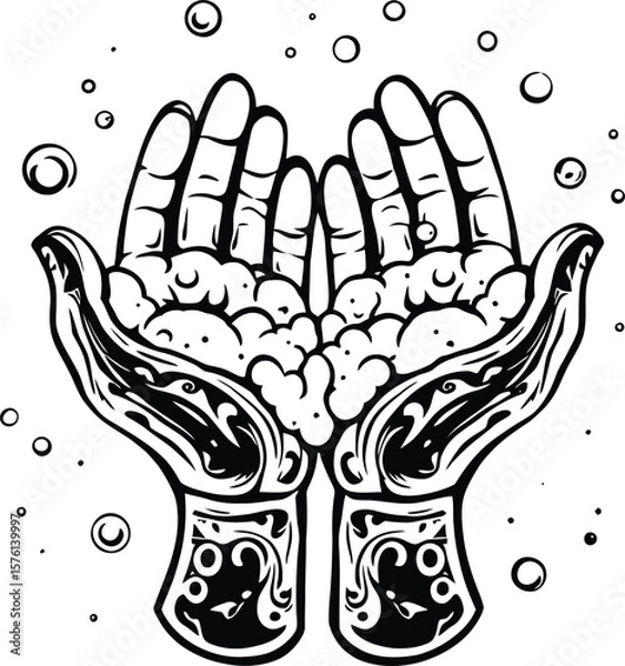 Fototapeta Cleansing Grace ] Monochrome Illustration of Ornamented Hands Cupped with Foam and Bubbles Representing Ritual, Care, and Everyday Purity