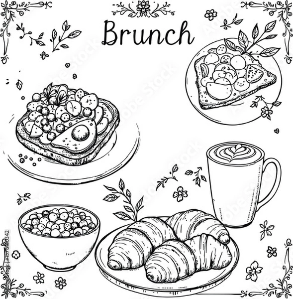 Fototapeta Brunch Bliss  Monochrome Illustration Featuring Avocado Toast, Croissants, Pizza Slice, Coffee, and Berries in a Floral Weekend Spread