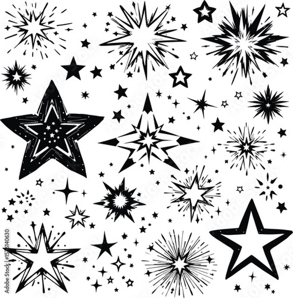 Fototapeta Celestial Accents  Monochrome Star Icon Set Featuring Solid Shapes, Outlined Forms, Decorative Bursts, and Stylized Variations