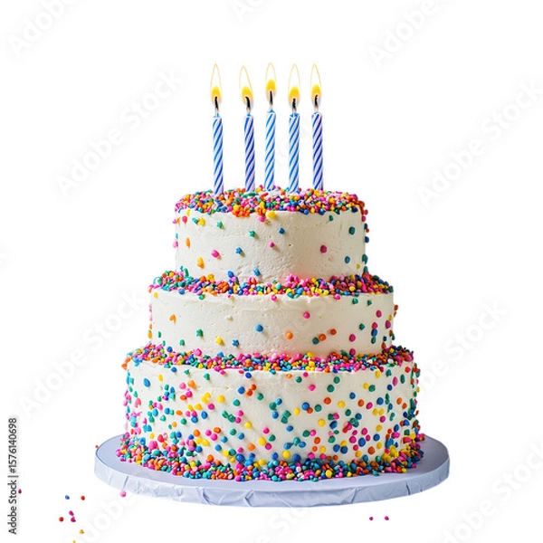 Obraz Festive tiered cake with colorful sprinkles and lit candles isolated on a transparent background birthday